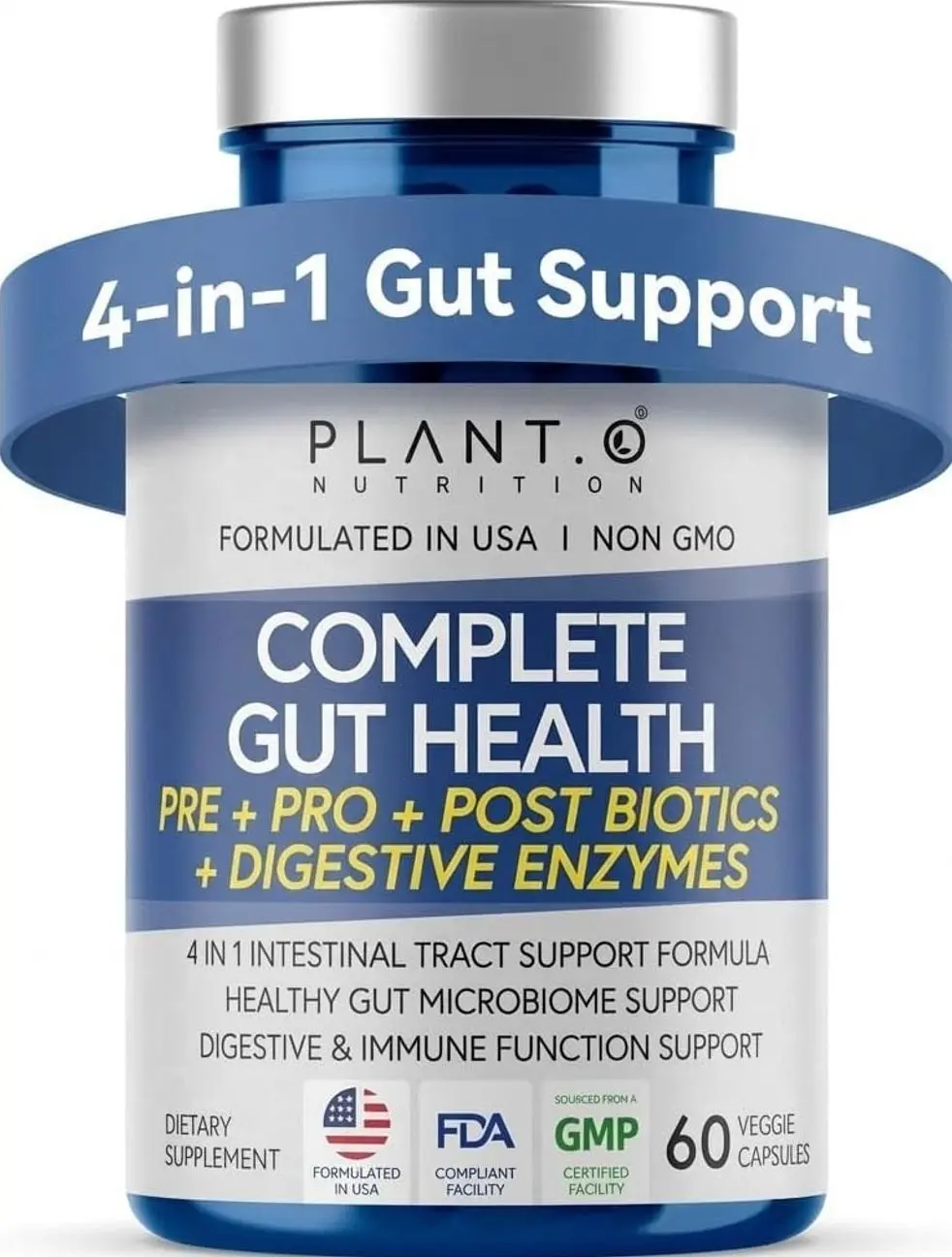4-in-1 Gut Health Support – Prebiotics + Probiotics + Postbiotics + Digestive Enzymes – DE111 Spore Probiotic for Digestive Support & Bloating – Non-GMO, Made in USA – 60 Veggie Capsules