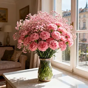 Artificial bouquet of pink baby's breath and pink carnations, suitable for weddings, outdoor living rooms, Valentine's Day, Easter, Mother's Day centerpiece decoration, no batteries required, made of plastic