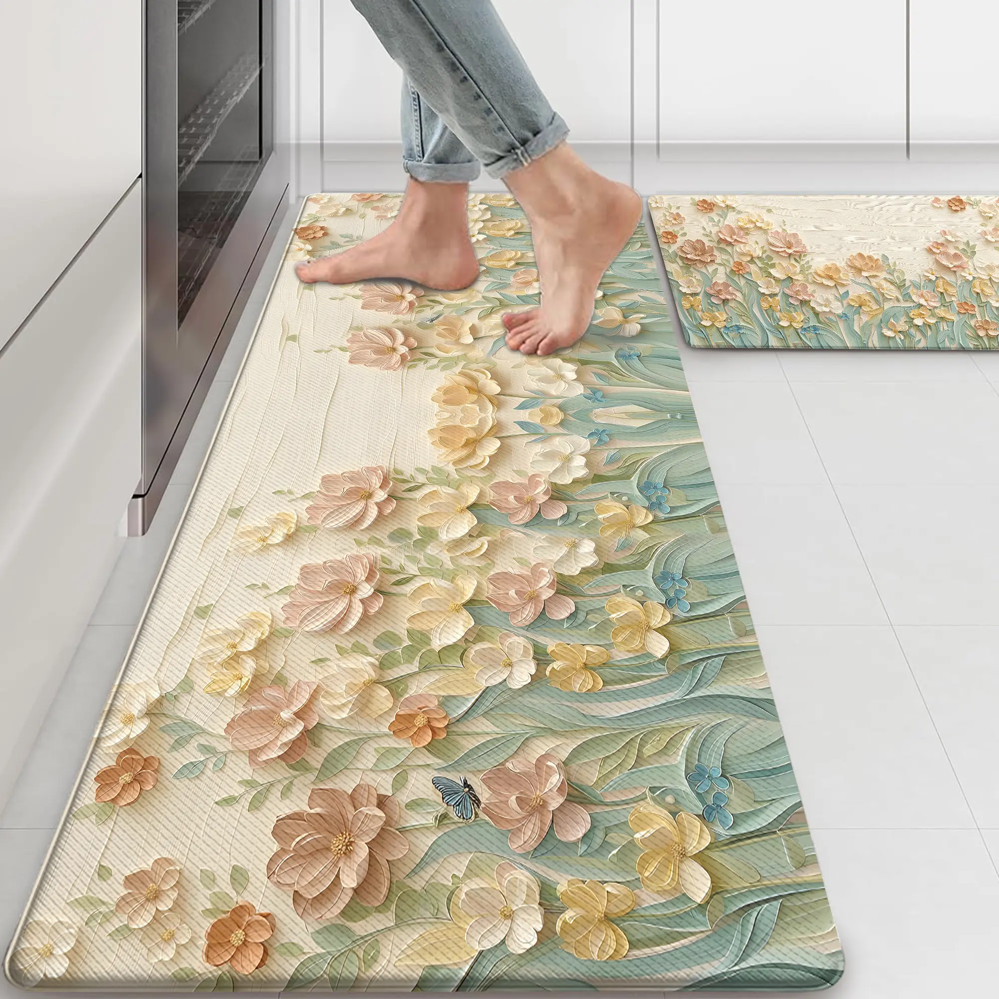 Set of 2 Memory Foam Kitchen Rug Mats - Cushioned Anti-Fatigue Floral Farmhouse Wildflower, All Weather Waterproof Nonslip, Fade Resistant, Garden & Indoor Use, Floral Relief ,rugs for bedroom