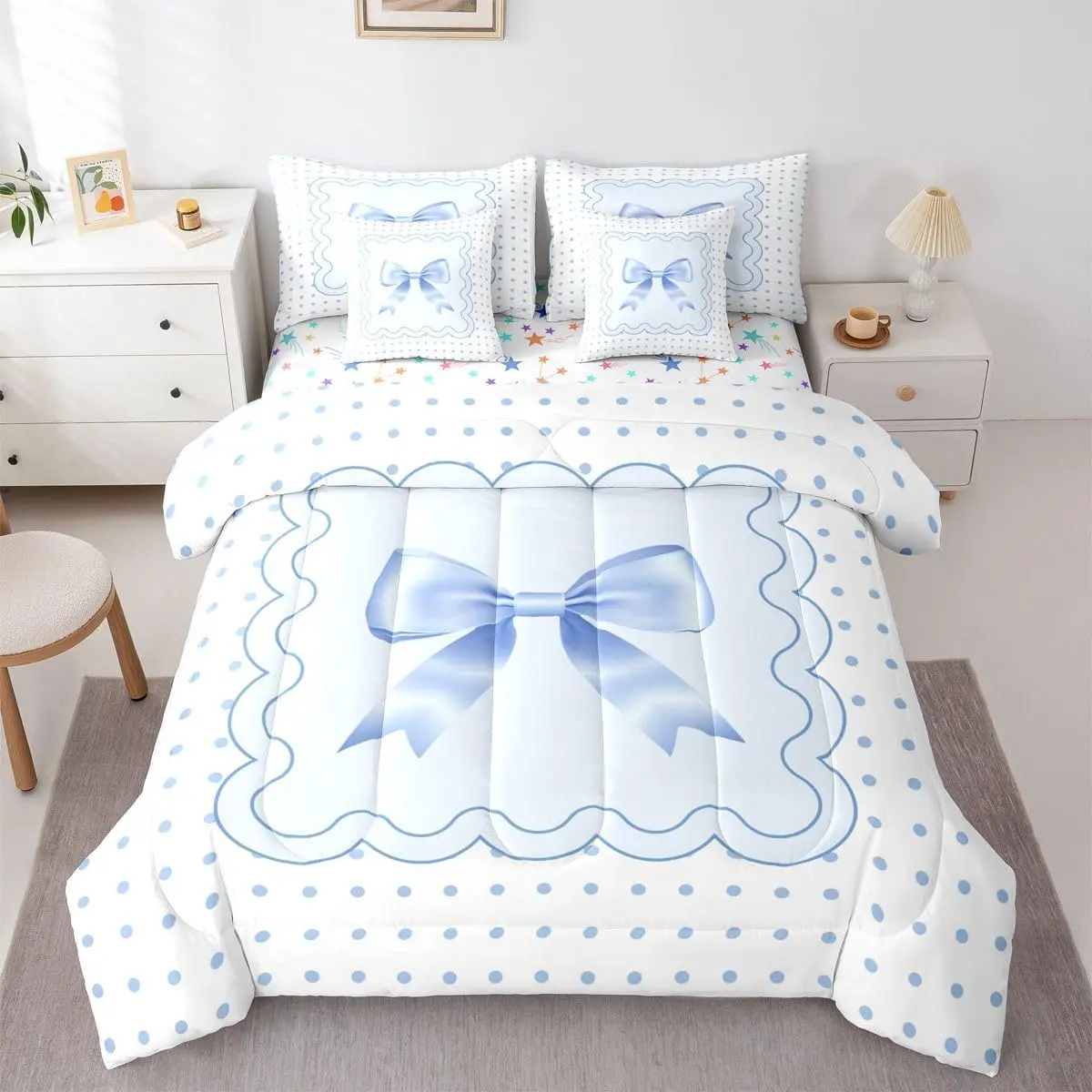 Blue Silk Bowknot 7 Piece Bedding Set Cute Polka Dot Comforter Set with Sheets for Kids Boys Girls White Blue Bed in a Bag Sweet Romantic Bed Set Soft Lightweight