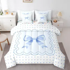 Blue Silk Bowknot 7 Piece Bedding Set Cute Polka Dot Comforter Set with Sheets for Kids Boys Girls White Blue Bed in a Bag Sweet Romantic Bed Set Soft Lightweight