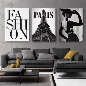 3pcs Paris Fashion Wall Eiffel Tower Oil Painting Poster Black and White Fashion Modern Canvas Painting Living Room Home Decoration Frameless Hanging Painting