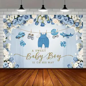 Modern Farmhouse 1pc Blue Floral Youngsters Shower Banner - "A Sweet Youngsters Boy is on His Way" Watercolor Design with Roses, Eucalyptus & Airplane Decor, Amber Glow Polyester Backdrop for Home, Room, Wall, Ornaments Multicolor