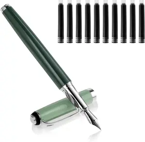 Cobee Metal Fountain Pens with 10 Black Ink Cartridges, 0.5Mm Fine Nib Fountain Pen Smooth Writing Luxury Calligraphy Pen Office School Supplies Gift(Green)
