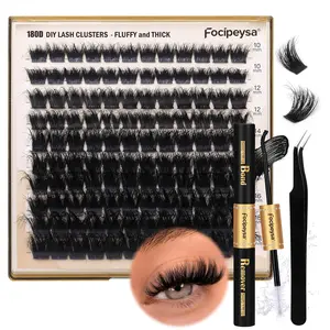 Eyelash Extension Kit Thick Lash Clusters Kit 10-18mm Fluffy Clusters Lashes 180D Individual Eyelashes Kit with Lash Bond, Lash Remover, Lash Applicator DIY Lash Extension by Focipeysa (180D-D Curl)