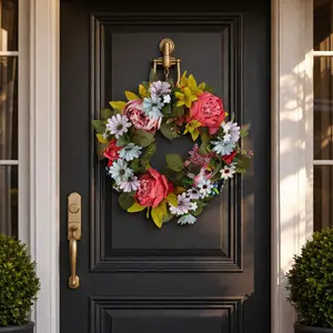 Spring Peony Small Daisy Wreath Wall Decor, Faux Floral Wreath, Home Silk Flower Dried Branch Decoration, Front Door Hanging, Garden Courtyard Wall Decor, Party Gift