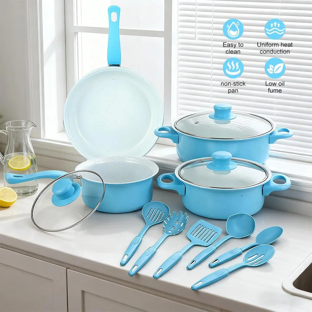 【Summerfinds】13 Piece Nonstick Cookware Set, Granite Coated Pots and Pans Set, Induction Compatible Kitchen Cooking Set with Glass Lids, Frying Pan, Saucepan, Soup Pots & Utensils
