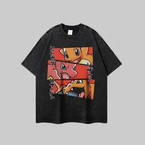 Vintage Washed Fire Dragon Evolution Graphic T-Shirt, Oversized Black Streetwear Tee