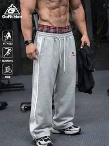 Men's Vintage Plaid Heart Print Loose Fit Jogger Pants, Breathable High Waist Adjustable Drawstring, All Season Sportswear