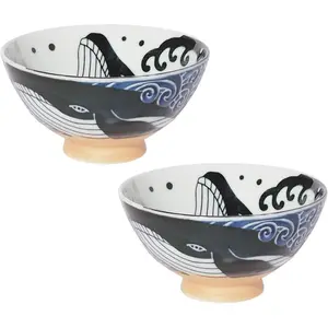 Minoru Touki White Wave Whale Blue Ceramic Rice Bowl Small Set of 2 φ4.4×H2.4in 11.29oz