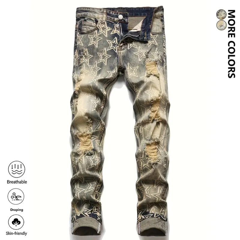 Clean Gent men’s slim-fit jeans with slight stretch; distressed wash, straight-leg design—stylish and comfortable long pants featuring a five-star pattern, slim-fit jeans with ripped details, fashionable street style, suitable for everyday wear in all sea