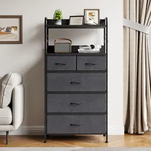 Tall Dresser for Bedroom,Vertical Dresser with 5 Fabric Drawers & 2-Tier Open Shelves,Chest of Drawers with Hanging Racks for Living Room,Grey