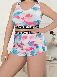 Women's Plus Size Tie Dye Love Letter Home Suit Set, Two-Piece Short Tank Top & High Waist Shorts, Casual Yoga Fitness Sleepwear, Yoga Clothes Set, Sports Yoga Gymswear