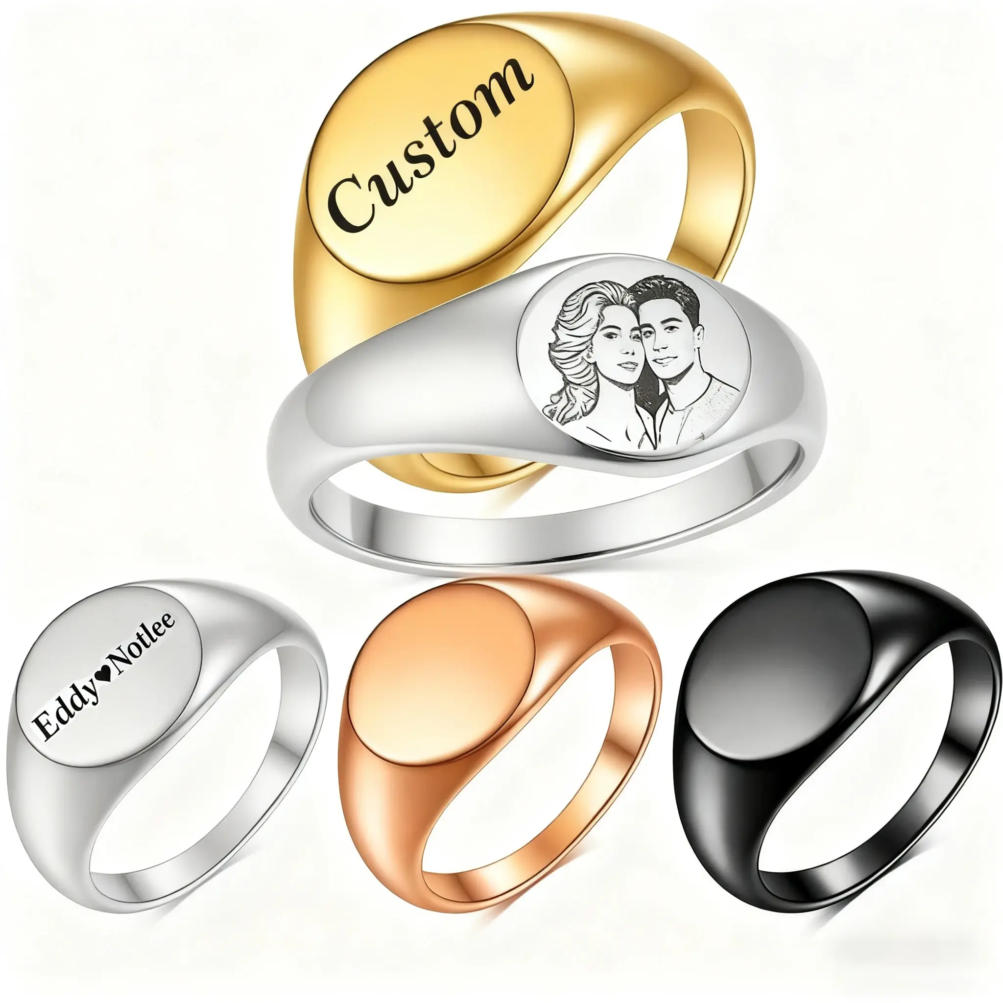 Custom Engraved Picture Logo Name Heart Round Rings for Man Woman Stainless Steel Wedding Rings Personalized Photo Jewelry Gifts