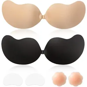 Sticky Bra Backless Adhesive Strapless Invisible Push Up Stick on Bras for Women Dresses 2 Pair Reusable Nipple Cover Women's Full Body Butt Lift Shapewear Seamless Tummy Control Tank Tops Compression Tank Tops with Tummy Wireless Push-Up Womenswear Basic