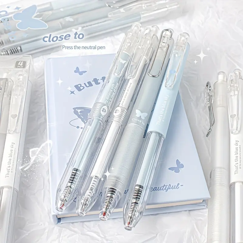 4pcs Transparent Pen Holder Soft Grip Pen Butterfly Pattern Gel Pen 0.5mm Black Signature Pen