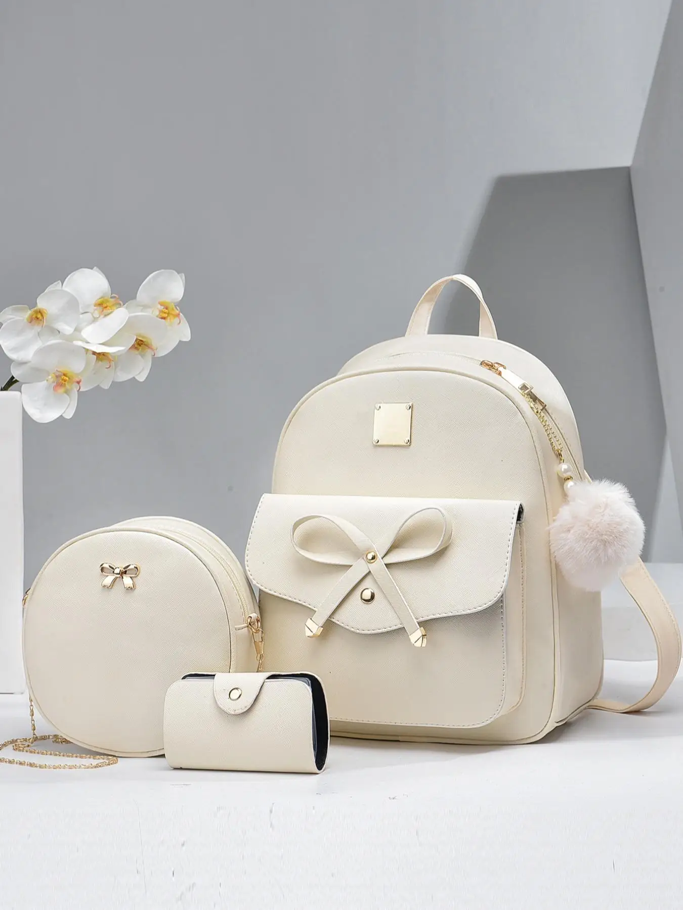 Women's Summer Trendy Solid Color Bag Set with Pom Pom Charm, Backpack Bags for Women, Bow Decor Pu Leather Backpack & Metal Bow Decor Circle Bag & Sm
