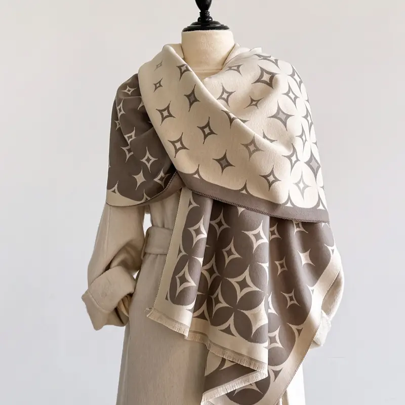 Women's Geometric Pattern Fringe Scarf, Soft Warm Woven Shawl for Fall & Winter, Elegant Fitted Fashion Accessory