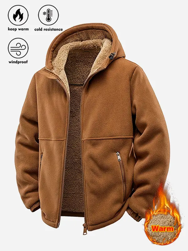Men's Winter Sherpa Fleece Lined Warm Thick Windproof Hooded Jacket Coat, Microfiber Fabric, Full Zip Closure, Suitable for Outdoor Activities