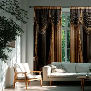 Luxurious Gold Curtains, Tassel Embroidery Double Layer Fabric Sheer Curtain, Vintage Retro Light Blocking Home Decor, Window Curtain