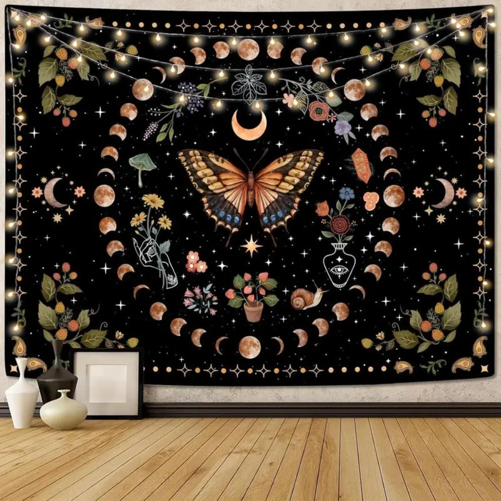 Yellow Butterfly Moon Flower Tapestry Botanical Floral Plant Boho Tapestry for Bedroom Aesthetic Vintage Tapestries Wall Hanging for Living Room Dorm Decor Landscape Retro Swiss