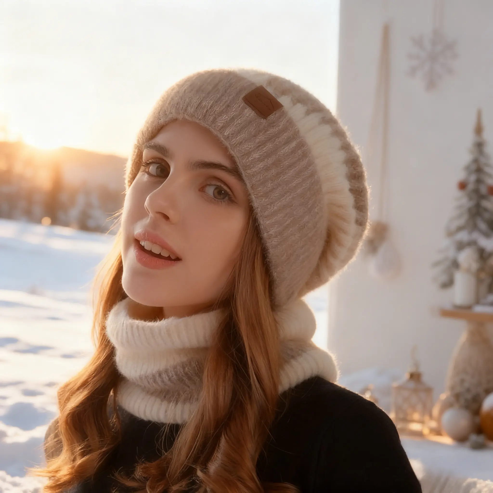 Women's Winter Two-Color Hat, Thick Warm Wool Hat with Ear Covers and Fleece Scarf, Two-Piece Knitted Hat Set