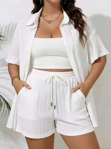 Women's Plain Color Folded Short Sleeve Shirt & Shorts Set, Casual Summer, Chic Fashionable Long Length Two-Piece Suit
