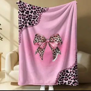 Pink Leopard Print Bow Pattern Blanket, Suitable For All Seasons, Perfect For Beds, Sofas, Cars, Room Decorations, And Gifts, Perfect As a Gift, a Single-Sided Printed Blanket