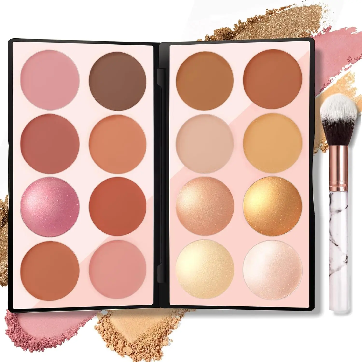 Blush Contour Palette with Brush, Matte & Shimmer Face Blush Powder, Highlighter and Bronzer Makeup Kit, Mineral Cheek Color Palette for Women, Professional Facial Beauty Makeup Set