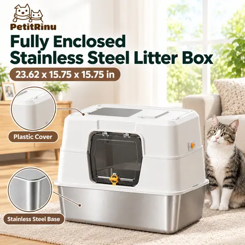 【TikTokShopBlackFriday】Large Enclosed Stainless Steel Cat Litter Box with Plastic Hood, 23.62 x 15.75 x 15.75 in (60 x 40 x 40 cm), Non-Stick Metal Base, Odor Control, Dual Entry, Anti-Scatter, Easy Clean Cat Toilet for Indoor Cats