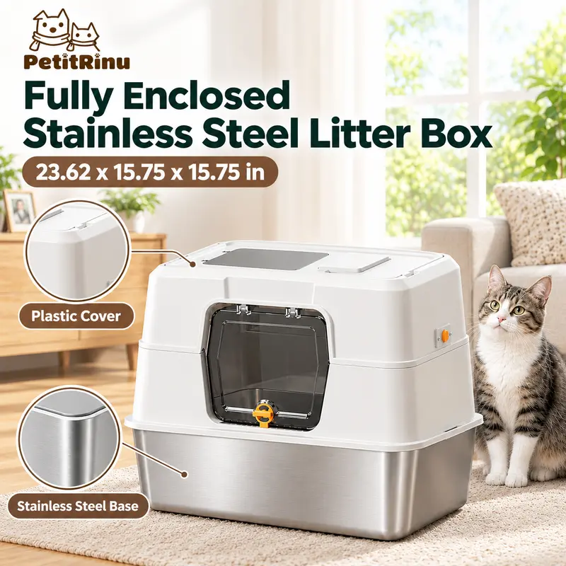 【TikTokShopBlackFriday】Large Enclosed Stainless Steel Cat Litter Box with Plastic Hood, 23.62 x 15.75 x 15.75 in (60 x 40 x 40 cm), Non-Stick Metal Base, Odor Control, Dual Entry, Anti-Scatter, Easy Clean Cat Toilet for Indoor Cats