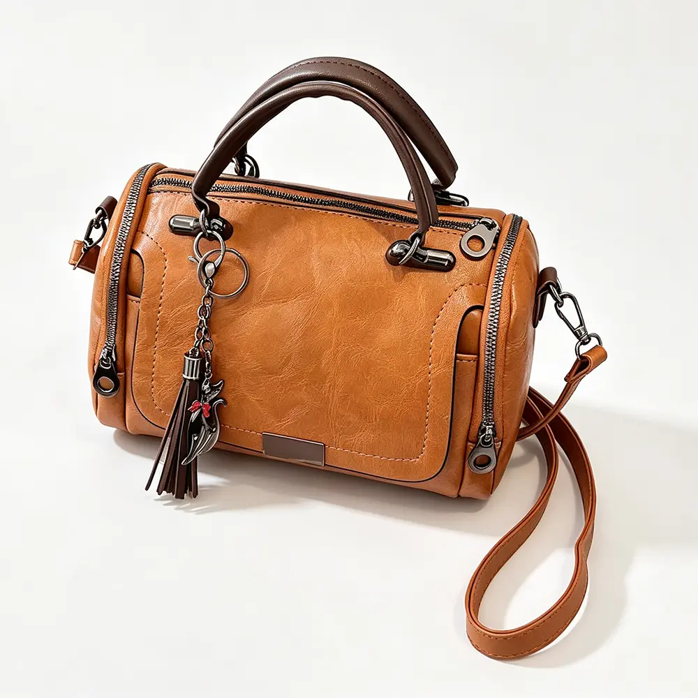 Vintage Waxed Leather Boston Bag for Women - Small Barrel Crossbody Purse with Tassel Charm, Top Handle Satchel Handbag, Retro Shoulder Bag with Side Zipper Detail
