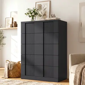 HAUOMS 43.3 Tall Inch Dresser with 5 Drawer Fluted Wood Chest Storage Cabinet for Living Room Hallway Entryway Home Office