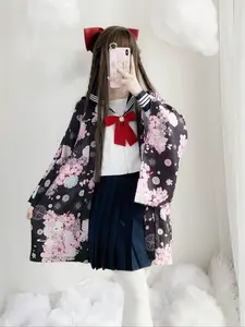 Japanese Style Lightweight Outerwear for Cosplay, Sakura Cat Design Lolita Kimono Cardigan, Festival Wear with 3/4 Sleeves