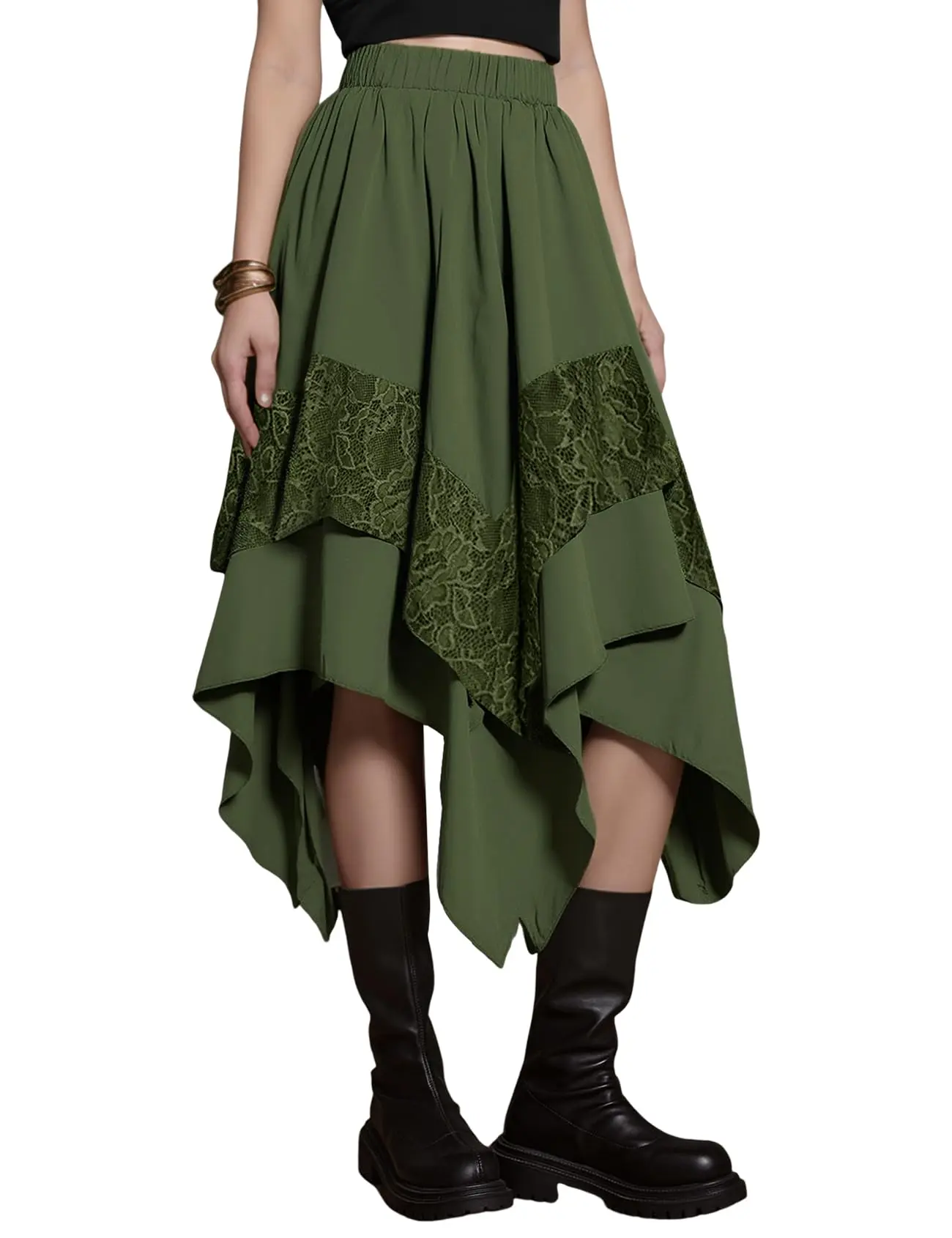 Arssm Womens Renaissance Skirt Lace Tiered Asymmetrical Flowy Fairy Long Skirt High Waist Gothic Midi Skirts