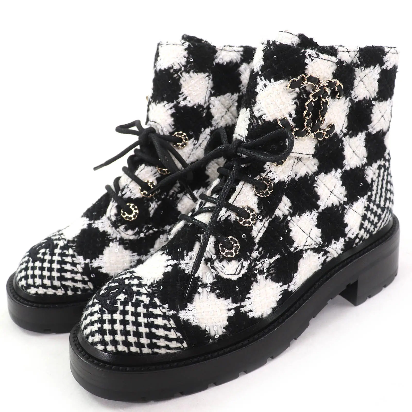 Pre-owned CHANEL Others Small Leather Goods COCO Mark Sequined Plaid Pattern Tweed Ankle Boots