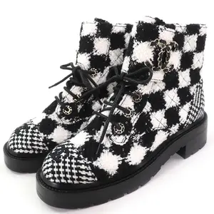 Pre-owned CHANEL Others Small Leather Goods COCO Mark Sequined Plaid Pattern Tweed Ankle Boots