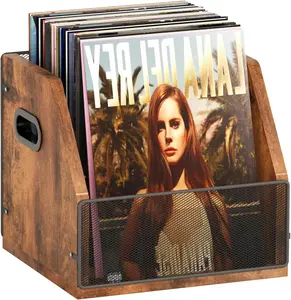 Vinyl Record Storage Box Case Crate, Desktop Metal & Wooden LP Record Album Holder Crate, Holds up to 60 Records, Patent No.D1024563