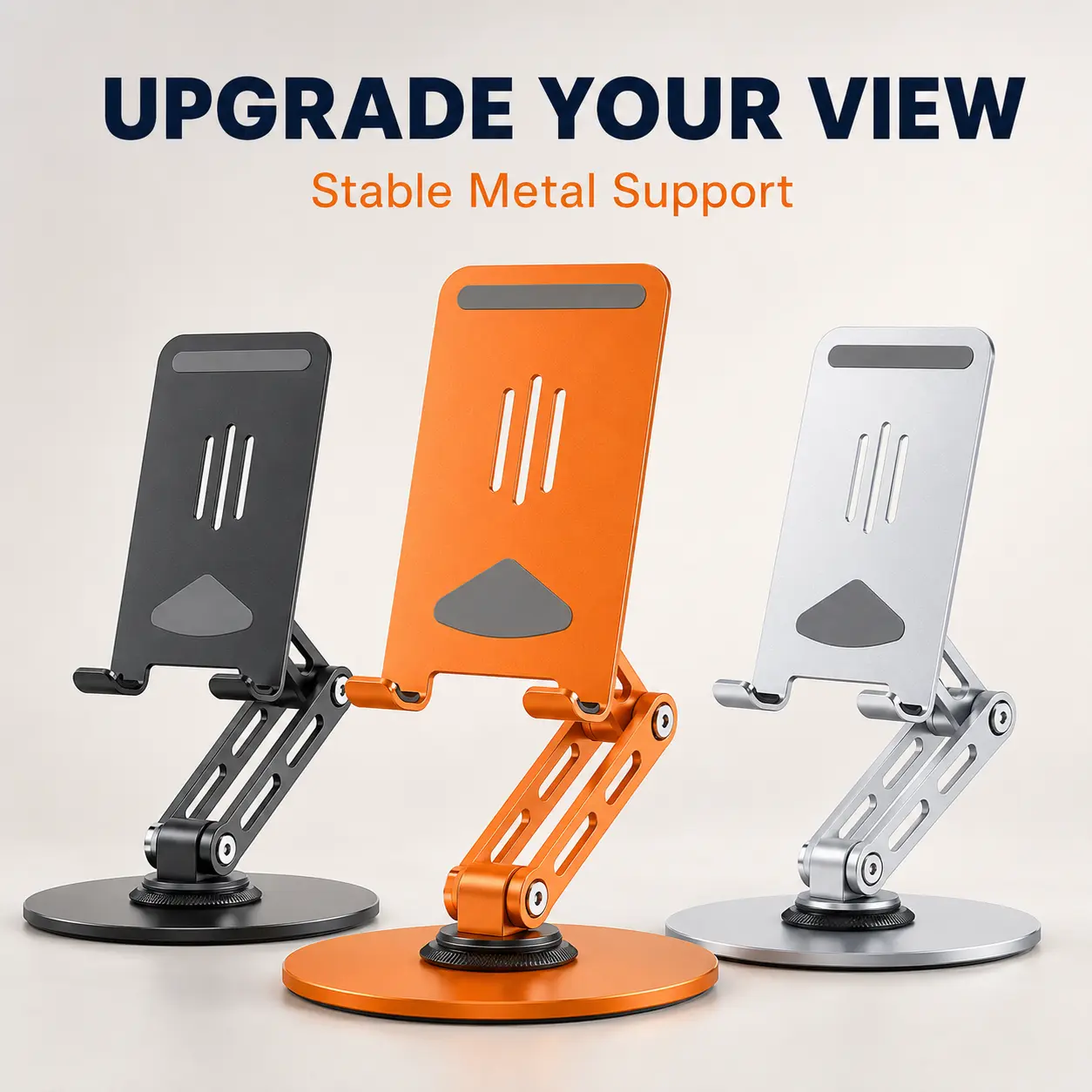 Adjustable Metal Phone Stand for Desk, Foldable Dual-Joint Cell Phone Holder with Stable Round Base, Hands-Free Desktop Stand for Video Calls, Streaming, Office, Home and Travel Smartphone Cellphone Mount Folding