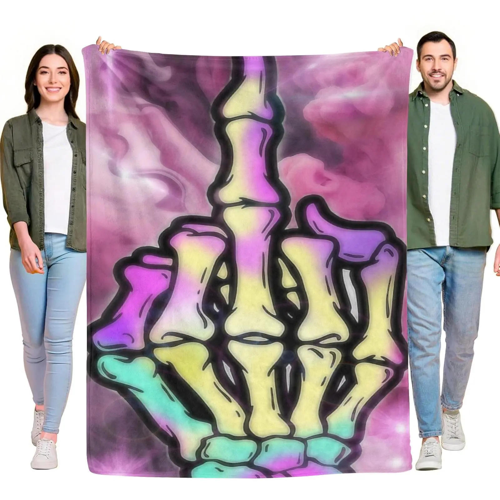 Rainbow Gradient Skeleton Middle Finger Pink Smoke Background Flannel Throw Blanket, Spooky Trendy Aesthetic Blanket