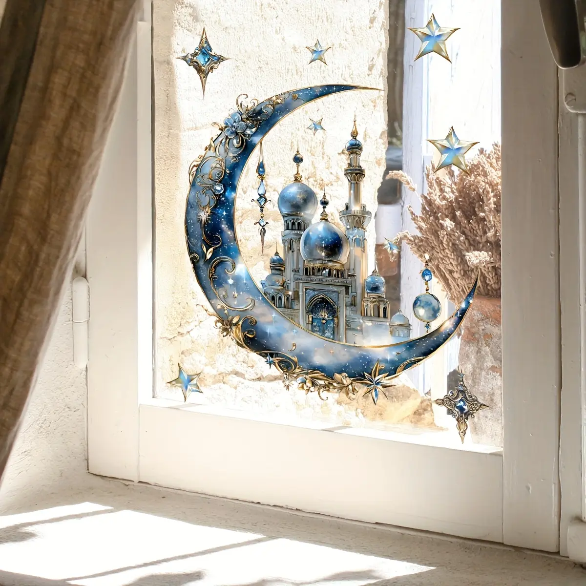 A set of two Ramadan star, moon and castle glass stickers for window decoration, self-adhesive C16000-YJ