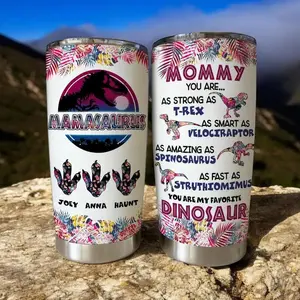 Mommy Dinosaur Personalized 20oz Tumbler Cup, Mamasaurus Custom Name Stainless Steel Travel Mug, Funny Mom Gift for Mothers Day