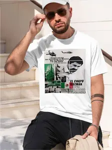 EL APO JOAQUIN Guzman ug Cel Mexico Escape Mens 2026 new model Black/White Tee Stylish & Comfortable Loose Crew Neck Short Sleeve T-shirts Versatile On Trend Eye Catching Printed Graphic Casual Te