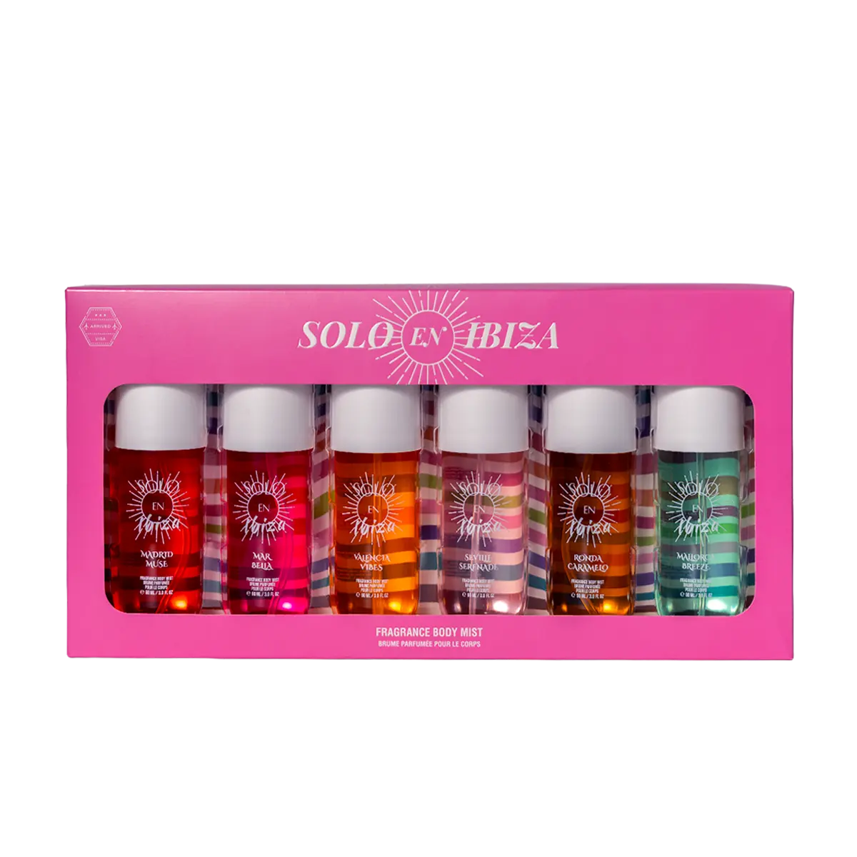 SOLO EN IBIZA Hair & Body Mist Gift Set - Cruelty-Free, Alcohol-Base, Perfume-Level Long-Lasting Fragrance Spray, 6 x 3 fl oz (90 ml) Multi-Pack with 6 Signature Fruity, Floral & Gourmand Scents, Aromatic Chic Gourmand, Fragrance Beauty Set, Amber, Gifts