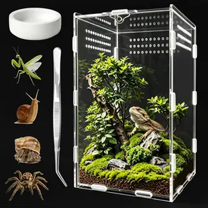 Spider Enclosure, Insect Terrarium, Bug Cage, Acrylic Terrarium for Tarantula, Snail, Praying Mantis, Frog, and Small Reptiles, Includes Tweezer and Bowl
