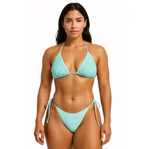 Bronxinit Boutique Black Beaded Triangle Bikini Set, Adjustable Tie-Side Two-Piece Swimsuit, Hand-Embellished