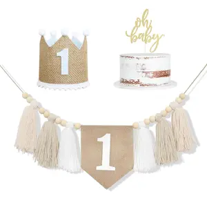 1st Birthday Party Decoration Kit, 2 Counts/set Including 1 Tassel Banner & 1 Crown Hat, Birthday Party Decoration Supplies, Photo Props