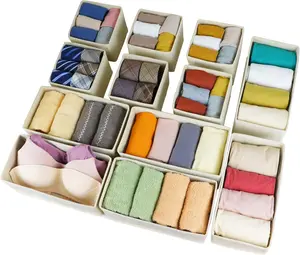Beige Set of 12 Foldable Drawer Organizers for Clothing, Socks, Ties, and Underwear, Ideal for Cabinet Storage Boxes - Room