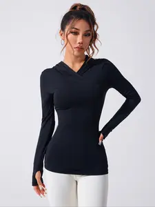 Women's Letter Print Thumb Hole Design Sports Hoodie, Casual Long Sleeve Sports Top for Yoga Gym Workout, Ladies Sportswear for Spring & Fall, Athletic Fashion Activewear