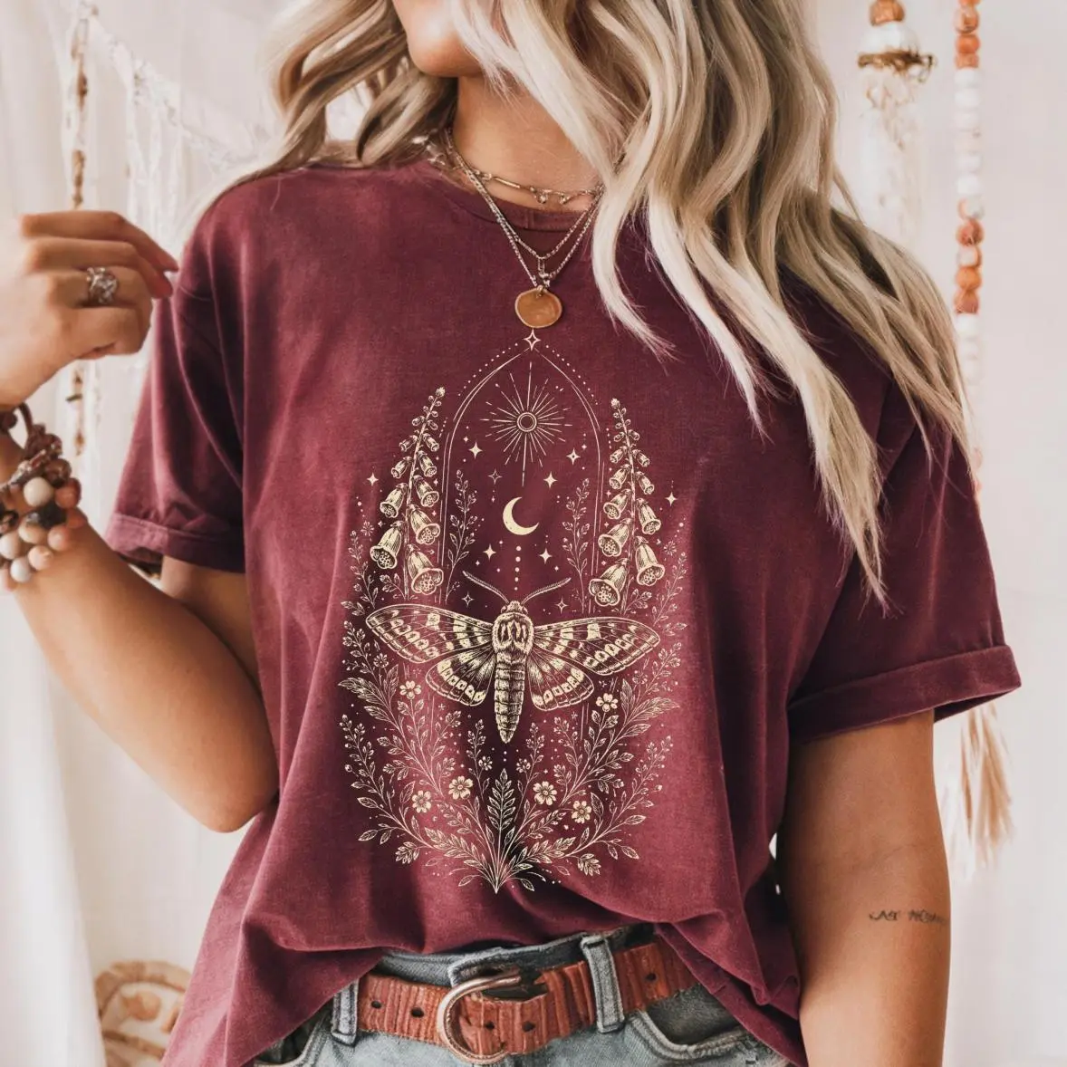 Lunar Moth Pagan Druid Folklore T-Shirt | Wiccan Floral Cottagecore | Celestial Sun | Witchy Goth | Luna Moon | Festival Boho | Style Witch, Soft Cotton Blend, Breathable Comfort, Simple Look, Easy to Match